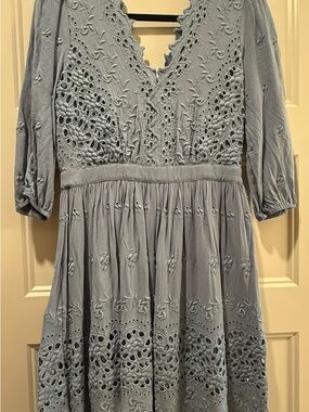 Embroidered V-Neck Midi Dress in Light Blue